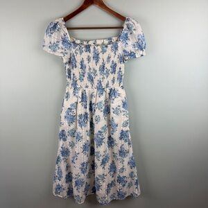 Loft Floral Blue and White Smocked fit & Flare midi Dress w/ puff sleeves XS